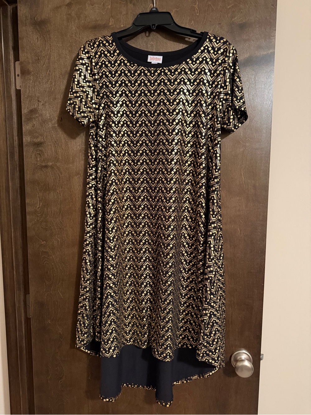 LuLaRoe Black Dress with Gold Sequin Chevron Pattern